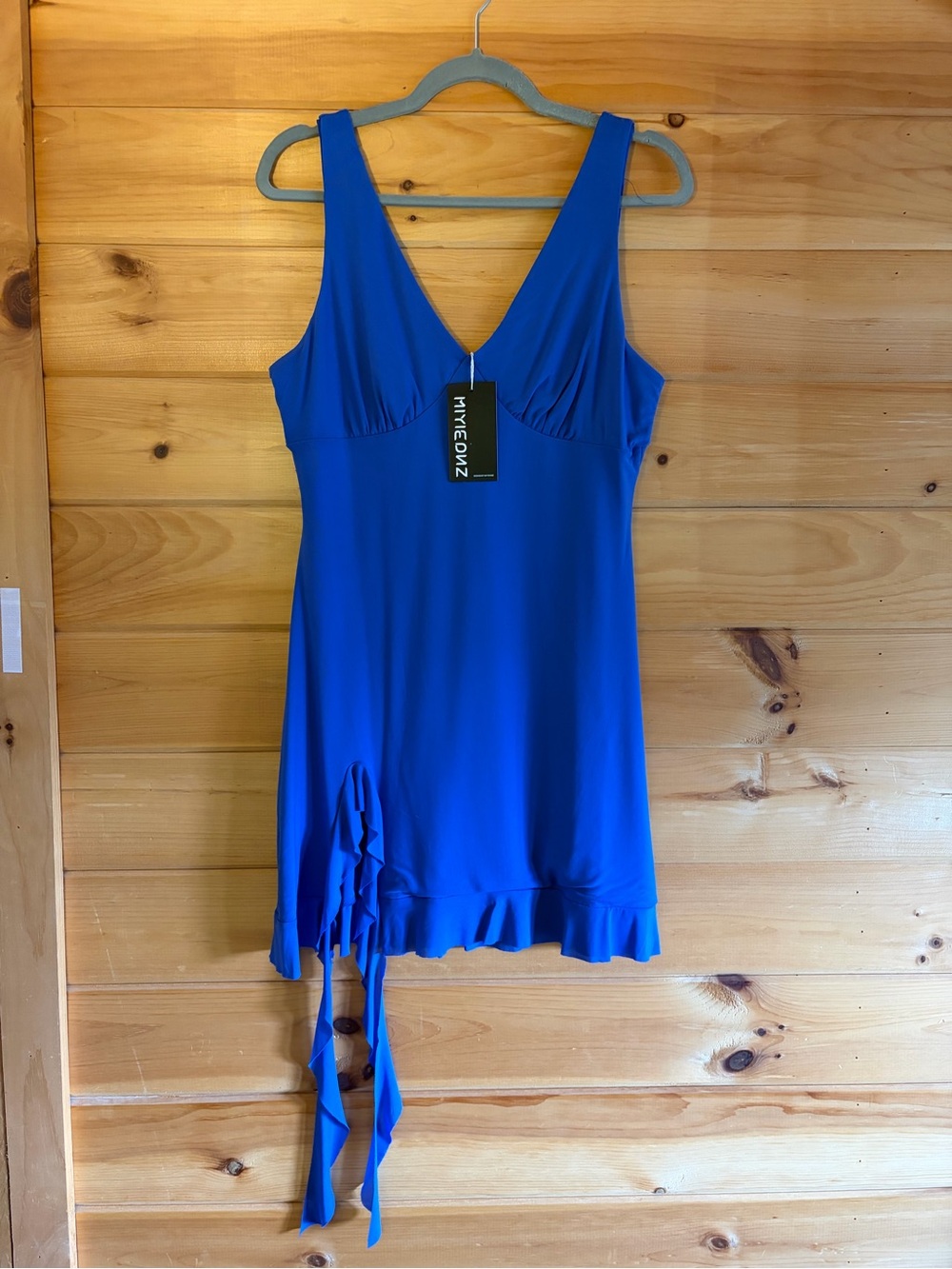 Amazon Blue deep v, leg split, Ruffle Mini Dress - Picture 3 of 6
